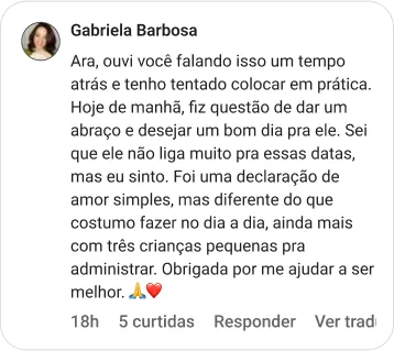 Gabriela Barbosa | Ara, ouvi você falando isso um tempo atrás e tenho tentado colocar em prática. Hoje de manhã, fiz questão de dar um abraço e desejar um bom dia pra ele. Sei que ele não liga muito pra essas datas, mas eu sinto. Foi uma declaração de amor simples, mas diferente do que costumo fazer no dia a dia, ainda mais com três crianças pequenas pra administrar. Obrigada por me ajudar a ser melhor. 🙏❤️
