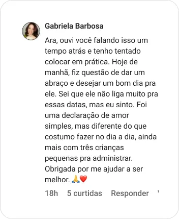 Gabriela Barbosa | Ara, ouvi você falando isso um tempo atrás e tenho tentado colocar em prática. Hoje de manhã, fiz questão de dar um abraço e desejar um bom dia pra ele. Sei que ele não liga muito pra essas datas, mas eu sinto. Foi uma declaração de amor simples, mas diferente do que costumo fazer no dia a dia, ainda mais com três crianças pequenas pra administrar. Obrigada por me ajudar a ser melhor. 🙏❤️